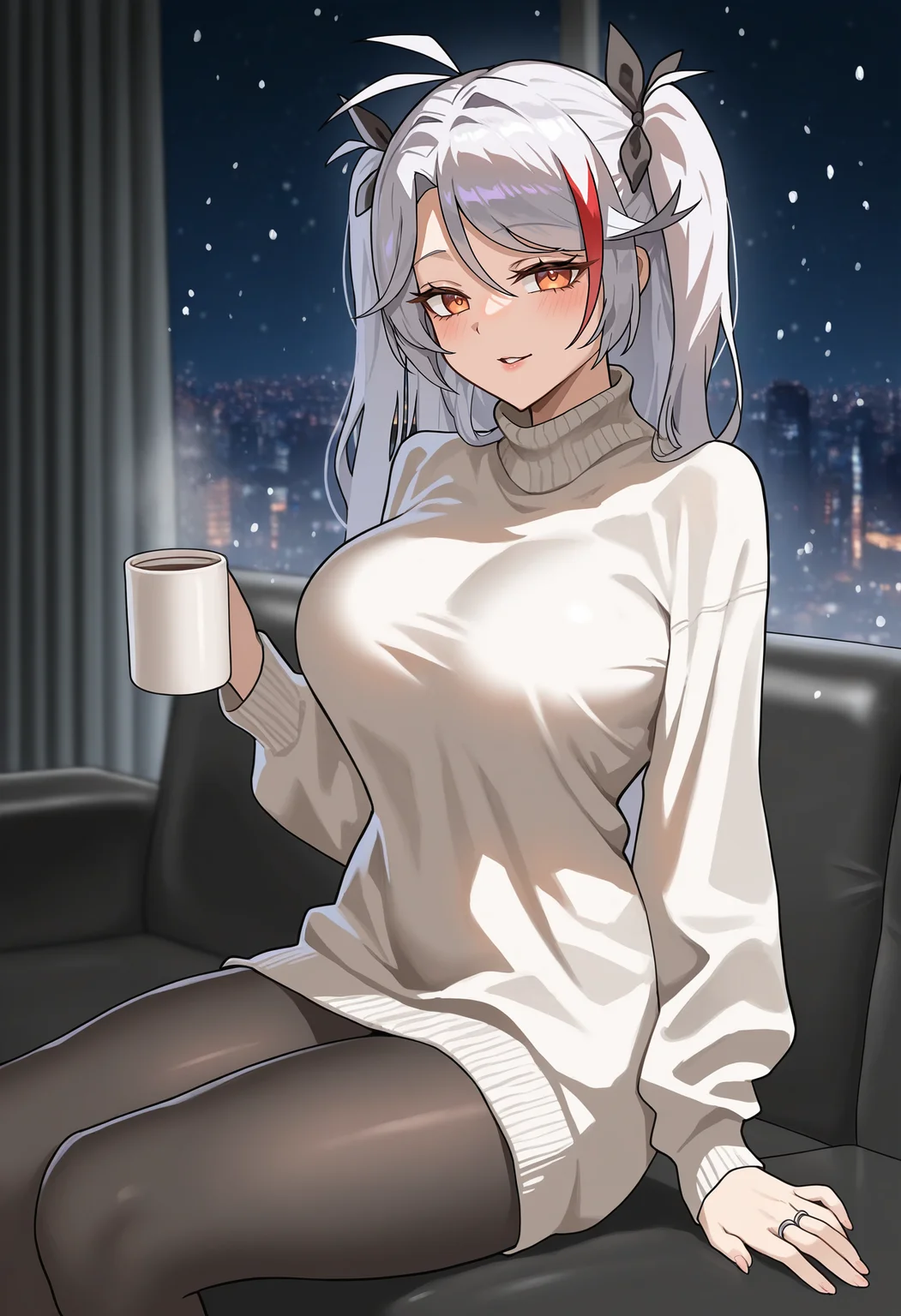 very awa, masterpiece, best quality, year 2024, newest, absurdres, highres, 1girl, prinz eugen \(azur lane\), solo, holding cup, coffee mug, alternate costume, white sweater, turtleneck sweater, sweater dress, black pantyhose, loose clothes, black ribbon, hair ribbon, wedding ring, orange eyes, lips, parted lips, naughty face, looking at viewer, sitting, on couch, casting couch, black couch, indoors, curtains, window, snowing, city, night, <lora:Illustrious_Anteiru_Style_V2:1>