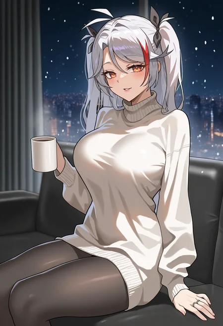 very awa, masterpiece, best quality, year 2024, newest, absurdres, highres, 1girl, prinz eugen \(azur lane\), solo, holding cup, coffee mug, alternate costume, white sweater, turtleneck sweater, sweater dress, black pantyhose, loose clothes, black ribbon, hair ribbon, wedding ring, orange eyes, lips, parted lips, naughty face, looking at viewer, sitting, on couch, casting couch, black couch, indoors, curtains, window, snowing, city, night, <lora:Illustrious_Anteiru_Style_V2:1>