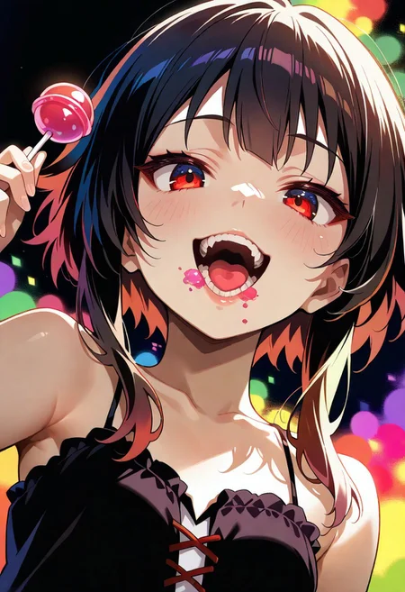 1girl, Megumin, bare shoulders, teeth, lips, thin lips, narrow mouth, solo, looking at viewer, open mouth, holding lollipop, chupa chups, upper body, from below, back lighting, dark, multicolored background, colorful, masterpiece, best quality, grin, greed on his face, his tongue sticking out, a little steam from the mouth