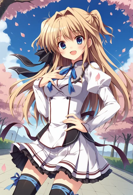 score_9, score_8_up, score_7_up BREAK
source_anime, rating_safe, dutch angle, cowboy shot, cherry blossoms, petals, street, spring \(season\), blue sky, wind, hand on own chest, hand on own hip, standing, floating hair, smile, blush, open mouth, :d, looking at viewer, solo, 1girl, msairi, blonde hair, two side up, hair intakes, blue eyes, long hair, hair ribbon, medium breasts, thigh ribbon, school uniform, leg ribbon, zettai ryouiki, black thighhighs, skirt, puffy sleeves, juliet sleeves, long sleeves <lora:mashiroairi:0.7>