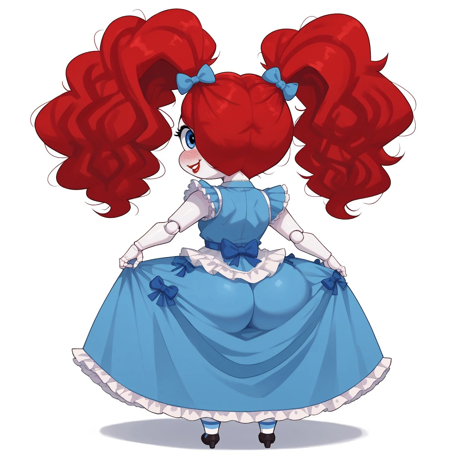 safe_pos, score_9, score_8_up, score_7_up, score_6_up, 2d, source_anime, 1girl, poppy (poppy playtime), short twintails, drill hair, red hair, freckles, frills, rosy cheeks, blue ribbons holding hair, hair ornaments, petite, big head, doll body, wide wips, curvy, pale skin, doll joints, red lipstick, blue eyes, blue dress, long skirt, ruffled dress, striped thighhighs, thighhigh, doll girl, full body, hands on ass, bow to viewer, looking at viewer, from behind, ass focus, smile, teeth, shy, blush, white background