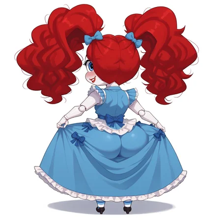 safe_pos, score_9, score_8_up, score_7_up, score_6_up,  2d, source_anime, 1girl, poppy (poppy playtime), short twintails, drill hair, red hair, freckles, frills, rosy cheeks, blue ribbons holding hair, hair ornaments, petite, big head, doll body, wide wips, curvy, pale skin, doll joints, red lipstick, blue eyes, blue dress, long skirt, ruffled dress, striped thighhighs, thighhigh, doll girl, full body, hands on ass, bow to viewer, looking at viewer, from behind, ass focus, smile, teeth, shy, blush, white background