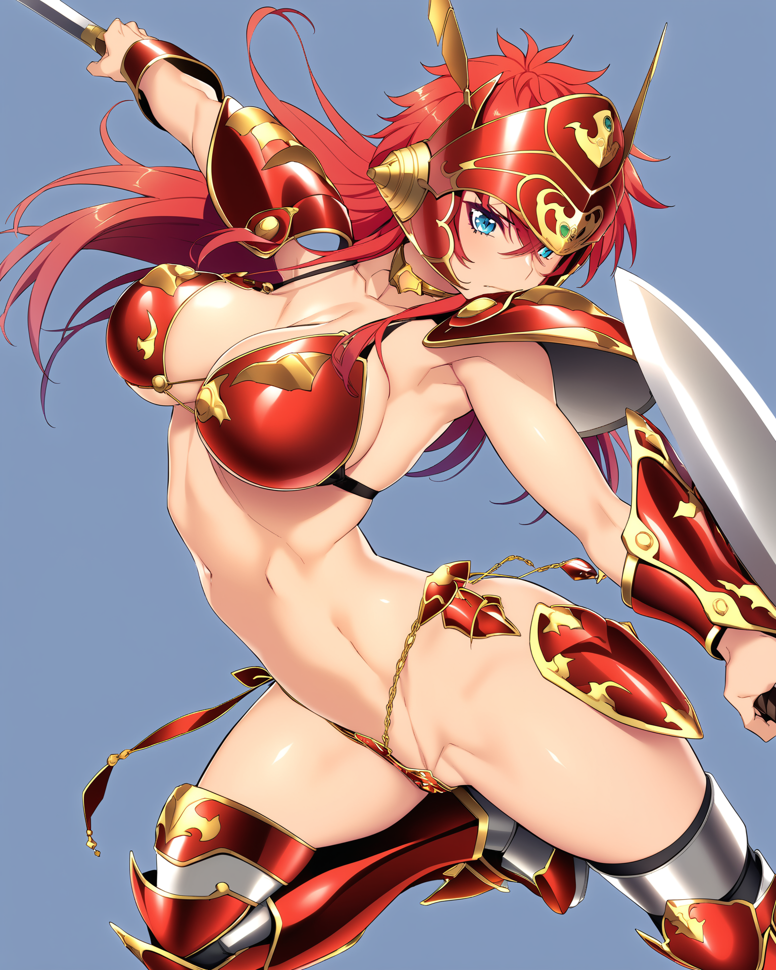 masterpiece, best quality, absurdres, very aesthetiuc, dynamic pose, official art, 1girl, solo, StellaFons, holding sword, holding shield, sf's golden neck ring, sf's helm, sf's shoulder pads, sf's arm guards, sf's armored boots, sf's bikini armor top, sf's bikini armor bottom, midriff, simple background, by mochizuki kei, <lora:MeMaPA:0.6>, <lora:v-s-e-n-anxl-000079:0.75>,