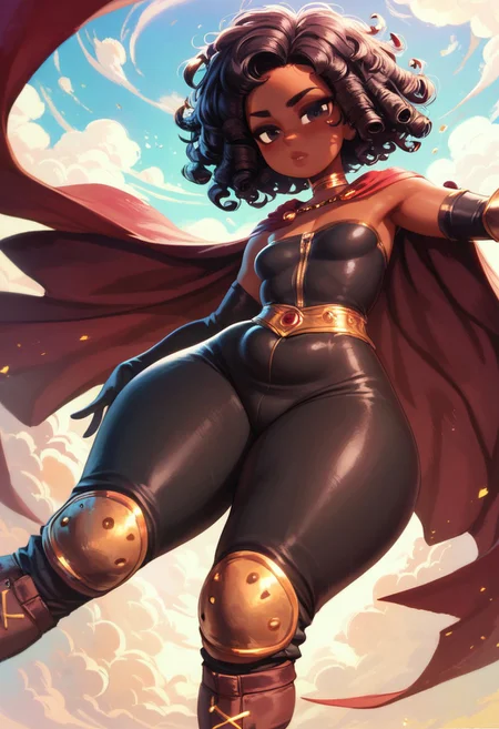 score_9, score_8_up, score_7_up, high detail, 4k, high resolution, 1girl, plump, tight body, sexy, small breasts, wide hips, thick thighs, big ass, ((black skin, dark chocolate skin, african girl, extremely darkskinned girl)), short hair, extremely curly hair, full lips, detailed face, expressive eyes, purple_eyes, shining eyes, sexy pants, sexy top, open shoulders, choker, long gloves, long boots, knee pads, elbow pads, cape, face focus