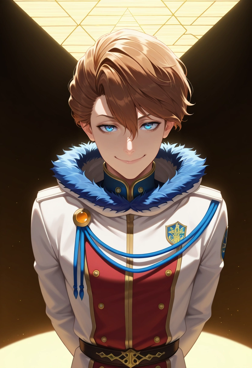 masterpiece, best quality, , (photorealistic:0.6), looking at viewer, 1boy, solo, male focus, <lora:langris_vaude_ilxl:0.94>, langris_vaude, brown hair, blue eyes, short hair, hair between eyes, fur trim, panorama, pyramid, light, arms behind back, naughty smile, easter costume