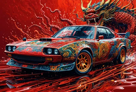 Finely detailed vector illustration, classical sports car, japanese oni, symbiosis, ultra realistic quality, interwoven pattern, red background, hyperdetailed, intricately detailed, triadic colors,fantastical,intricate detail,splash screen,complementary colors, fantasy concept art, 8k resolution, masterpiece, oil painting, thick strokes, rich strokes, running drops,