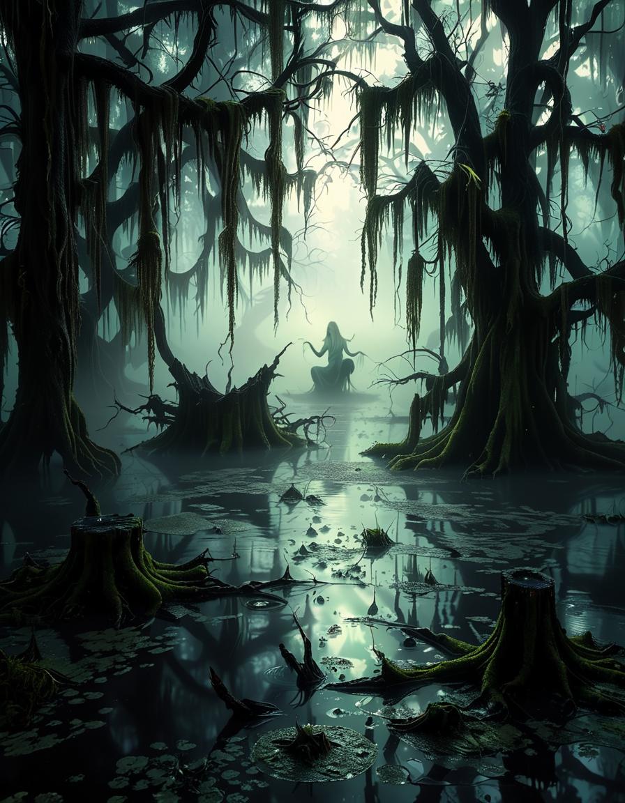A demonic fairy woman sitting gracefully in an ominous swamp,0m1n0us sw4mp. She has a hauntingly beautiful appearance, with translucent, tattered wings resembling those of an insect, glowing faintly in a dark, eerie hue. Her skin is pale with subtle, intricate patterns like magical runes etched into it, and her eyes glow with an unsettling red or violet light. She wears an ethereal, dark gown made of shredded, otherworldly fabric that appears to flow like smoke, blending with the mist of the swamp. Her hair is long, wild, and black with streaks of silvery white, floating slightly as if affected by unseen magical energy.
The swamp around her is dark and foreboding, with twisted, gnarled trees reaching out like claws. The water is murky, reflecting a pale, sickly green glow from bioluminescent plants and fungi scattered throughout. The air is filled with a faint, ghostly mist, and strange, faint lights hover in the background, adding a mystical atmosphere. The lighting is dim, with a soft, ethereal glow illuminating the fairy woman from below, contrasting with the deep shadows of the swamp. The mood is dark, mysterious, and magical, evoking both beauty and menace.<lora:SDXLFaeTastic2400:0.4> <lora:extremely_detailed:0.4> extremely detailed, <lora:0m1n0us_sw4mp:1>, Masterpiece,best quality,hi res,8k,hi res,8k,award winning,(sharp focus, intricate, highly detailed),