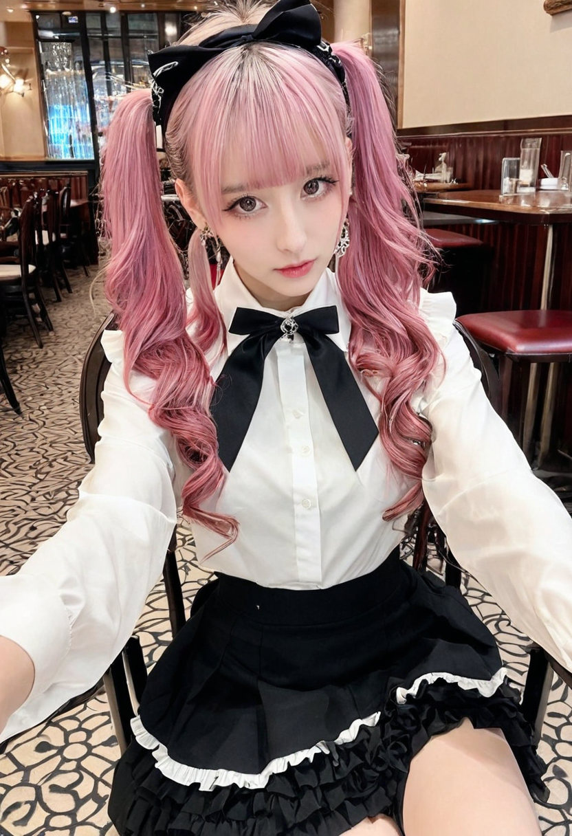 instagram,r/palegirls,selfie,masterpiece,best quality,jirai kei, jiraikei face, a woman, solo, twintails, skirt, sitting, looking at viewer, shirt, eyes, long hair, black skirt, hairband, bangs, brown hair, frills, blunt bangs, ribbon, long sleeves, jewelry, earrings, pink hair, white shirt, parted lips, black ribbon, She sits on a chair,photo background,Restaurant interior <lora:jirai kei-SDXL-V1:0.7>