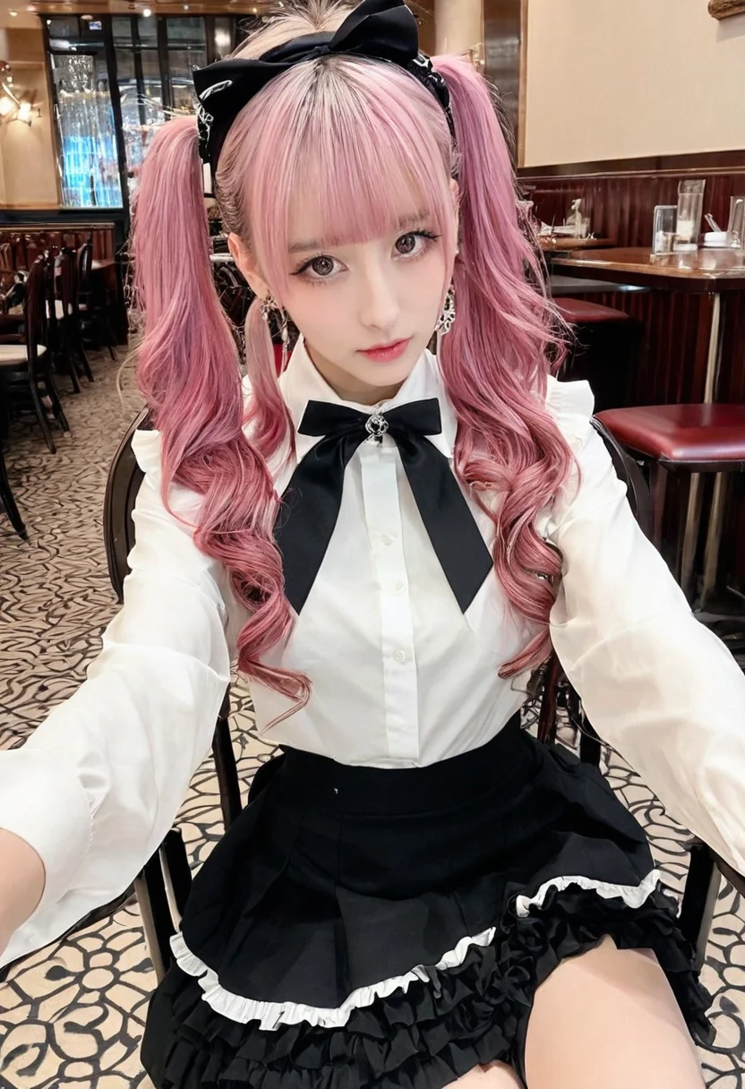 instagram,r/palegirls,selfie,masterpiece,best quality,jirai kei, jiraikei face, a woman, solo, twintails, skirt, sitting, looking at viewer, shirt, eyes, long hair, black skirt, hairband, bangs, brown hair, frills, blunt bangs, ribbon, long sleeves, jewelry, earrings, pink hair, white shirt, parted lips, black ribbon, She sits on a chair,photo background,Restaurant interior <lora:jirai kei-SDXL-V1:0.7>