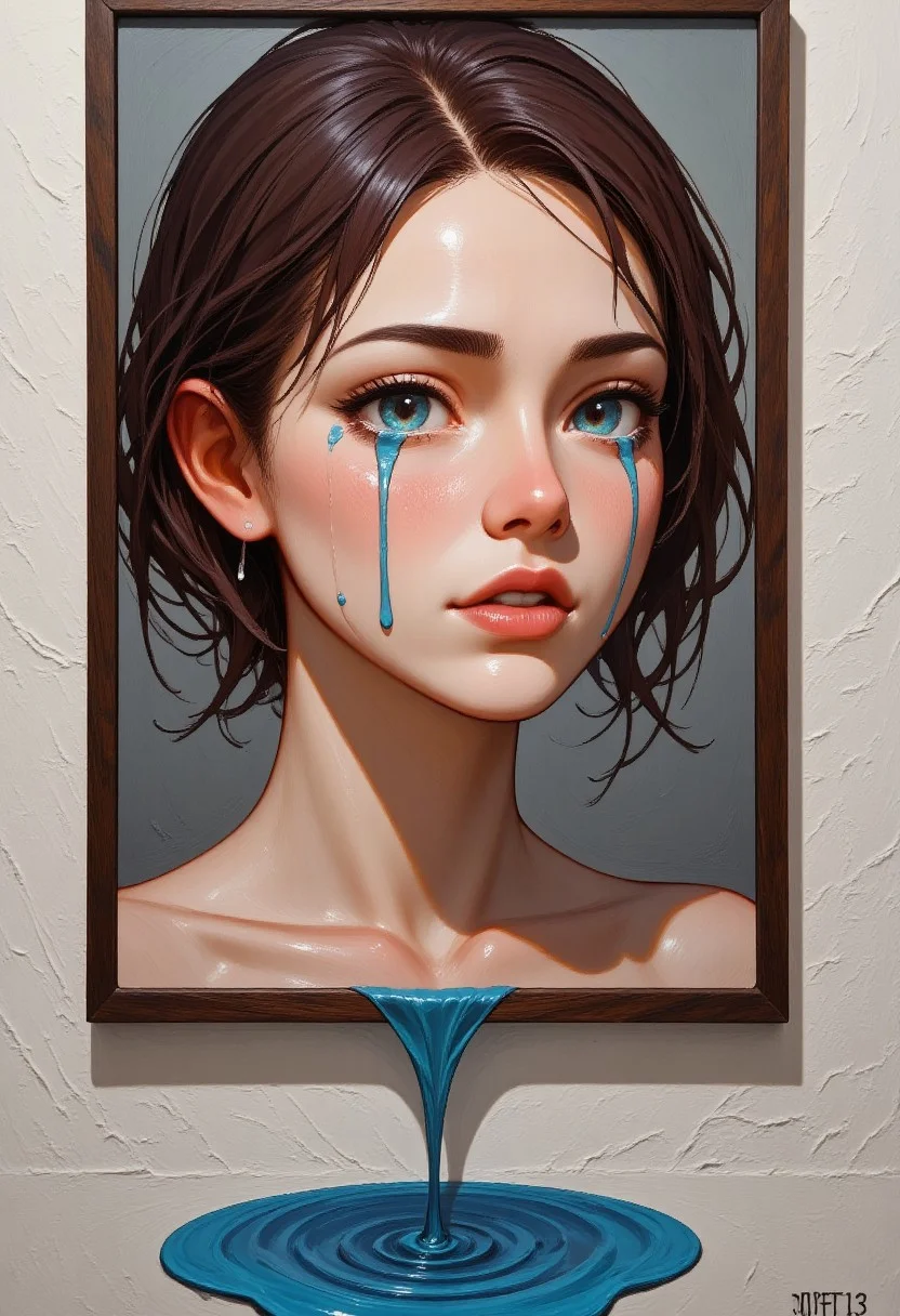 painting of a portrait beautiful sad woman, crying woman, many tears flow down her cheeks, the water tears fall down out of the painting creating a puddle of water below the painting, natural skin, painting frame, on a wall, pst013 , surrealist