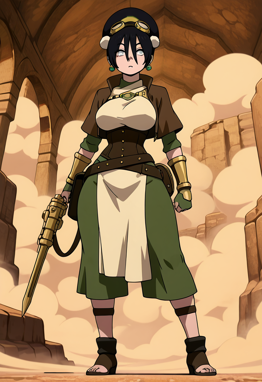 masterpiece, best quality, 1girl, solo,  zzToph, aged up, steampunk, blind adventurer, goggles on head, short leather jacket, corset, bronze gauntlets, gear earrings, dirty boots, earthbending brass parts, sandstorm background, mechanical golem companion, explorer bag, ancient map, windblown hair  With gears rattling and steam hissing, Toph adjusts her goggles as she surveys the wasteland. Her earthbending manipulates brass plating and cogwork like second nature, reshaping old machines into walking weapons. With a mechanical golem by her side and ancient secrets to uncover, she strides into the unknown, dust swirling at her heels.   ,(wide hips, narrow waist, large breasts),  , <lora:TophAvatar_IXL:1.0>,