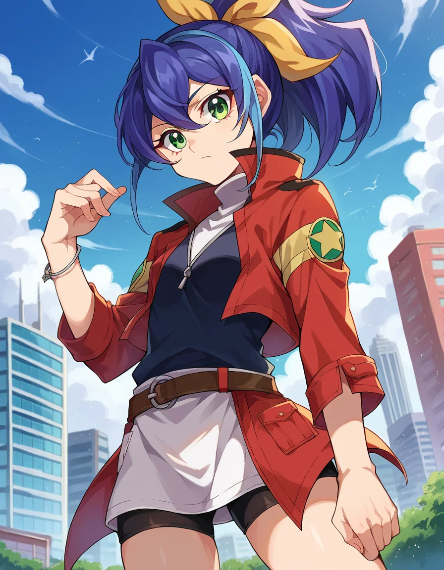 score_9, score_8_up, score_7_up, source_anime,
yugiohserena, <lora:yugioh-serena-ponyxl-lora-nochekaiser:1>,
yugioh serena, blue hair, multicolored hair, ponytail, two-tone hair, green eyes, hair bow, ribbon,
belt, bike shorts, bow, bracelet, jacket, jewelry,
outdoors, cityscape,
looking at viewer, cowboy shot, dutch angle,