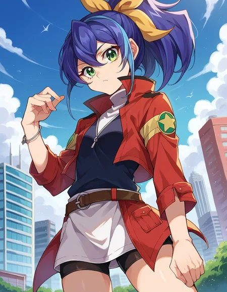 score_9, score_8_up, score_7_up, source_anime,
yugiohserena, <lora:yugioh-serena-ponyxl-lora-nochekaiser:1>,
yugioh serena, blue hair, multicolored hair, ponytail, two-tone hair, green eyes, hair bow, ribbon,
belt, bike shorts, bow, bracelet, jacket, jewelry,
outdoors, cityscape,
looking at viewer, cowboy shot, dutch angle,