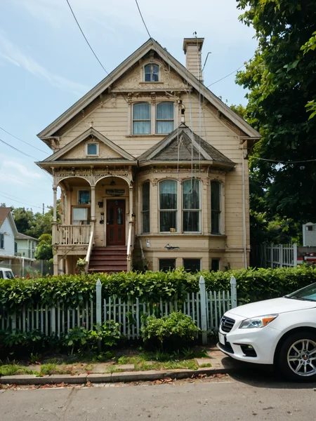 score_9,score_8_up,score_7_up, (v1ct0r14n:1), arched windows, bay windows, transom, small cornice, clapboard siding ,trim, ornate molding, columns on portico,  human scale, whole house in frame, tree,  power lines, telephone lines, car parked in front, circa 2025, fence, bushes, front view,  straight on,  short cornice, short architrave, white paint, clapboard siding, 2 floors, house,<lora:Victorian_House_Pony-000009:1>