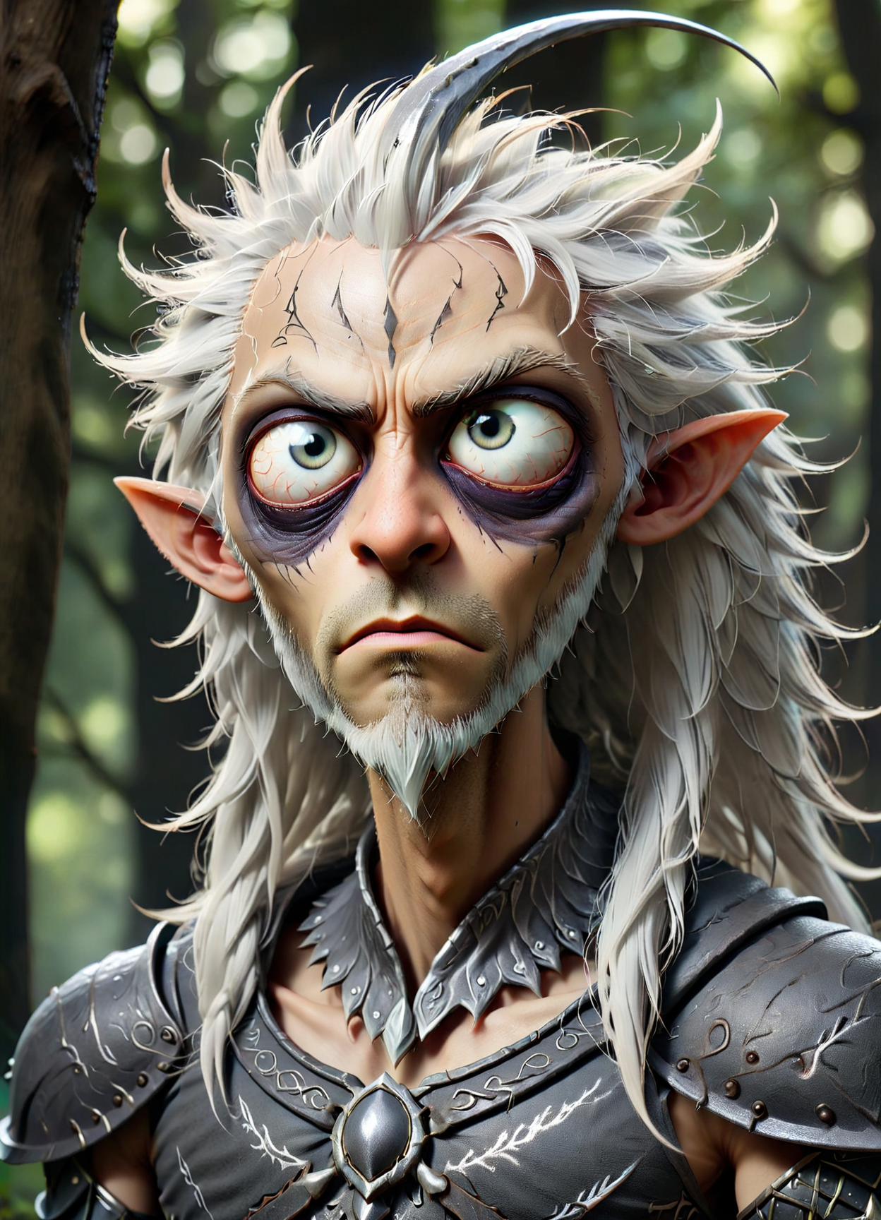 DonM1ns0mn14XL,male  drow, fictional elfish individual, slender agile build, anthracite skin tone, sharp features, pointed ears,   white hair, dark intricate rich ornamented armor,  nocturnal environments, elusive mysterious, dark nature, fantasy, striking,ethereal,romantic,spiritual serenity,gusty,whirling,slow-paced,networked , <lora:DonM1ns0mn14XL:1>