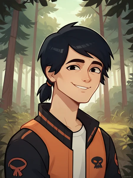 score_9, score_8, Jake_ <lora:Jake_Disventure_Camp:.7> portrait of jake_dvc man, black hair, ponytail, jacket, forest background, smiling, looking at viewer, score_9, score_8_up, score_7_up, <lora:Smooth Anime 2 Style SDXL_LoRA_Pony Diffusion V6 XL:.3> <lora:add-detail-xl:.8> zPDXL3,