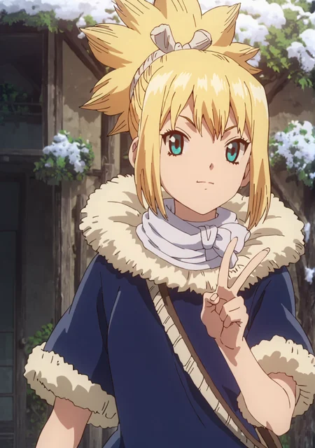 score_8_up, score_7_up, anime screenshot,
<lora:Kohaku (Autism Mix XL):0.8> 1girl, kohaku \(dr. stone\), blonde hair, ponytail, choker, green blue eyes, winter clothes, (:3, v:1.4)