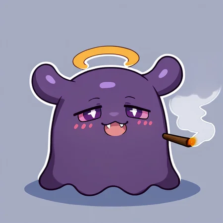 score_9, score_8_up, score_7_up, source_anime, BREAK, solo, looking at viewer, <lora:ChamTakodachiPonyXL:1>, Takodachi, no humans, chibi, octopus, halo, :3, blush, fang, open mouth, <lora:Stoned-pdxl_Fp:1>, smoking, colored sclera, stoned,