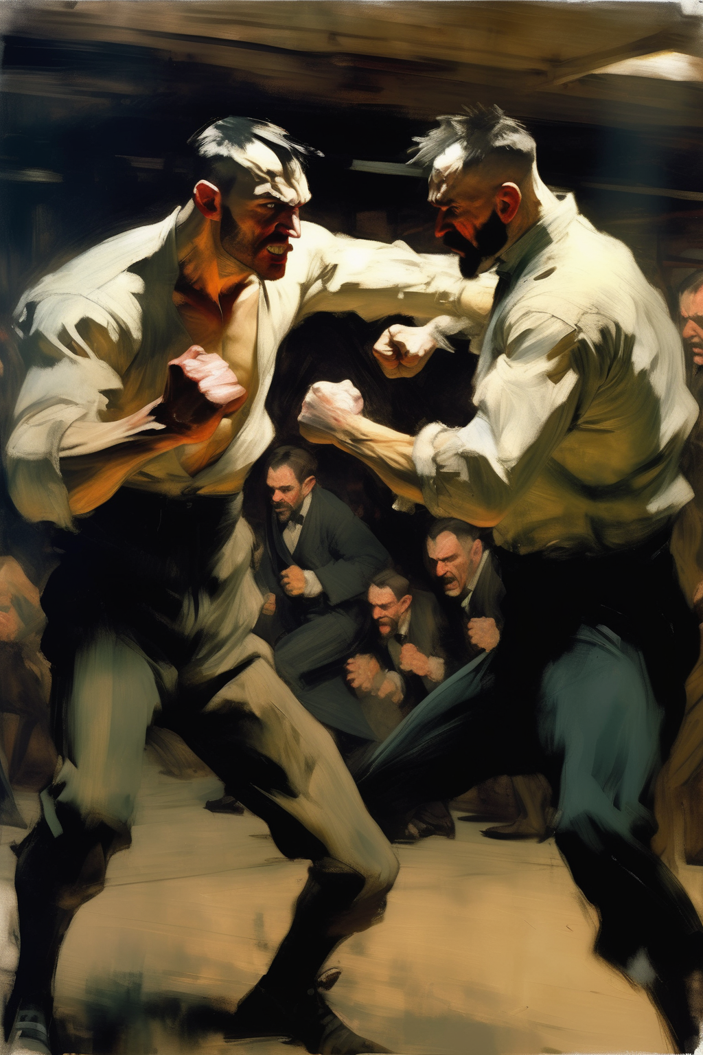 <lora:Lovis Corinth Style:1>Lovis Corinth Style - George Bellows, Ashley Wood, Thomas Eakins, Edgar Degas, Alex Ross, Jim Lee, realistic oil painting with brush strokes, close-up portrait, Mike Haggar from the video game Final Fight as a 19th-century underground bare knuckle fighter giving a punch. Guard up, unwavering gaze. over muscular, few scars, mustache
