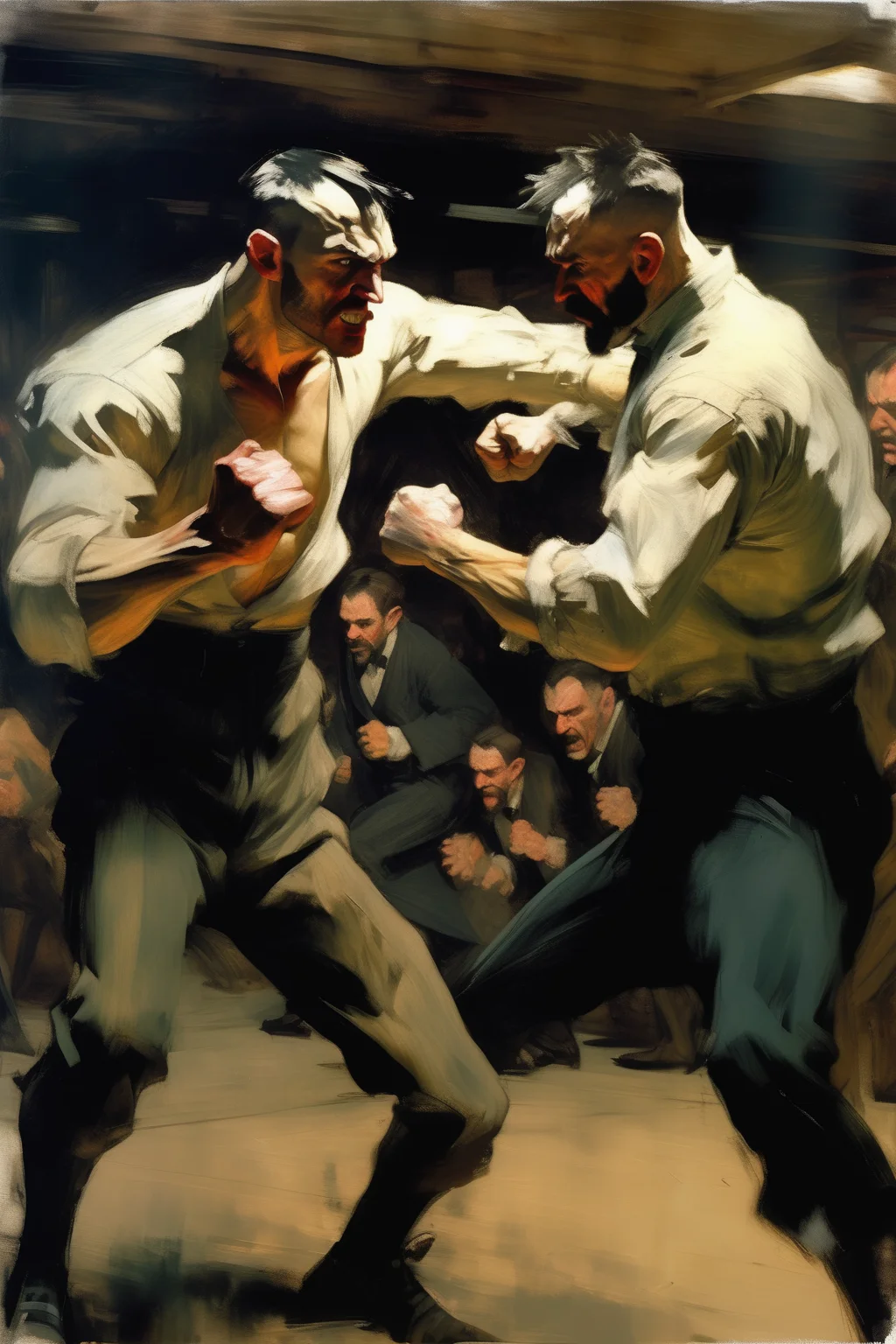 <lora:Lovis Corinth Style:1>Lovis Corinth Style - George Bellows, Ashley Wood, Thomas Eakins, Edgar Degas, Alex Ross, Jim Lee, realistic oil painting with brush strokes, close-up portrait, Mike Haggar from the video game Final Fight as a 19th-century underground bare knuckle fighter giving a punch. Guard up, unwavering gaze. over muscular, few scars, mustache