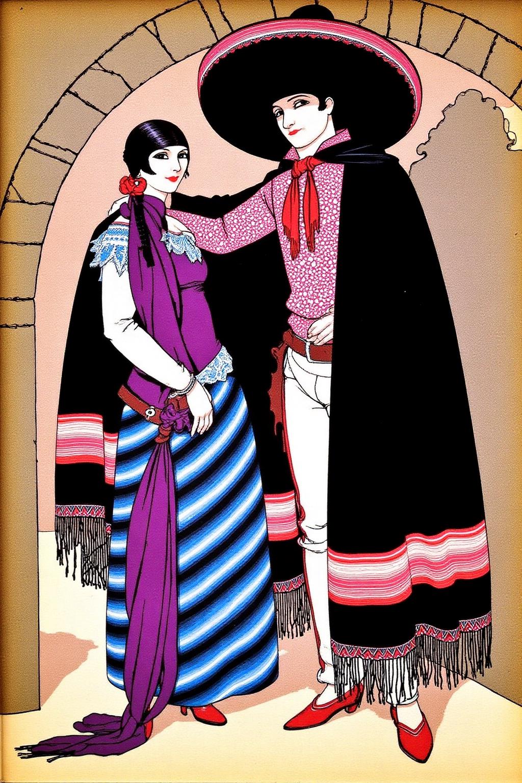 ernestogarciacabral1 illustration. 
A man and a woman stand under an archway in traditional Mexican attire. The man wears a wide-brimmed sombrero, a patterned shirt, and a black cloak with red and pink stripes. The woman wears a long striped dress with a lace collar and a purple cloak.
 <lora:ernestogarciacabral1_cap_d6a3:1.0><lora:849844702386650135:0>