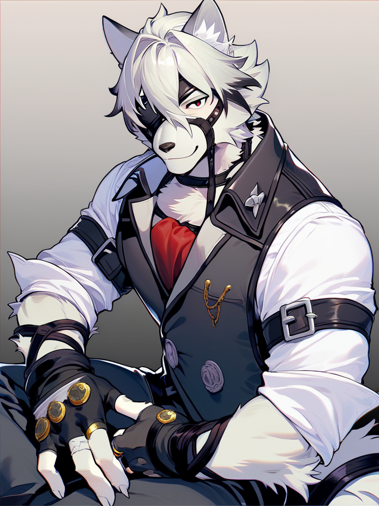 score_9, score_8_up, score_7_up, solo, detailed, male focus, <lora:von_lycaon-05:1>, von lycaon, red eyes, looking at viewer, eyepatch, solo, looking at viewer, smile, shirt, gloves, holding, jewelry, sitting, white shirt, male focus, black gloves, pants, fingerless gloves, vest, gradient, gradient background, eyepatch, ring, sleeves rolled up, black vest, grey fur