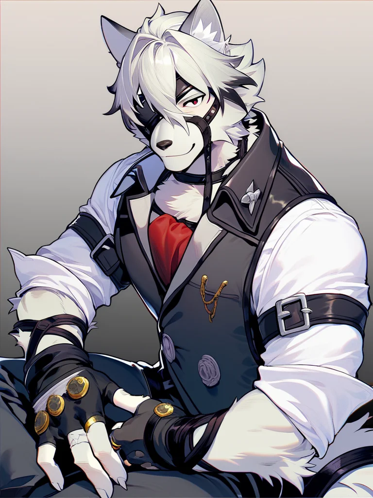 score_9, score_8_up, score_7_up, solo, detailed, male focus, <lora:von_lycaon-05:1>, von lycaon, red eyes, looking at viewer, eyepatch, solo, looking at viewer, smile, shirt, gloves, holding, jewelry, sitting, white shirt, male focus, black gloves, pants, fingerless gloves, vest, gradient, gradient background, eyepatch, ring, sleeves rolled up, black vest, grey fur