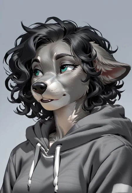 score_9, score_8_up, score_7_up, (by kittydee:1.5), (by jailbird:1.5), (by zummeng:1.5), masterpiece, best quality, (solo),
(Furry Art: Anthro: Greyhound:1.5), expressive eyes, feminine eyes, perfect face, feminine face, dog, canine, slim build, long snout, floppy ears, small breasts, perfect face, (grey fur:1.5), teal eyes, black hair, (curly hair), (hoodie)