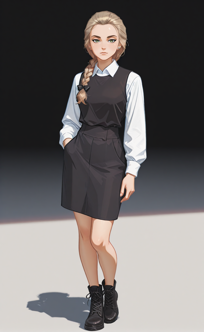 concept art professional 3d model masterpiece, ultra-HD, impressionism (1.5), high detail, depth of field, white background, looking at viewer, footwear,
katyastik, 1girl, solo, long hair, braid, blonde hair, jewelry, earrings, single braid, green eyes, single braid, stud earrings, 
shirt,  white shirt, long sleeves, hair bow, stud earrings, vest, collared shirt, black vest, short  skirt,
disheveled hair, cross-laced footwear, Stands straight, hand in pocket, zoom out
<lora:NOOB_vp1_detailer_by_volnovik_v1:1.4> <lora:DarkerThanBlackIllustrious:1> <lora:katyastik00001:1> . octane render, highly detailed, volumetric, dramatic lighting . digital artwork, illustrative, painterly, matte painting, highly detailed