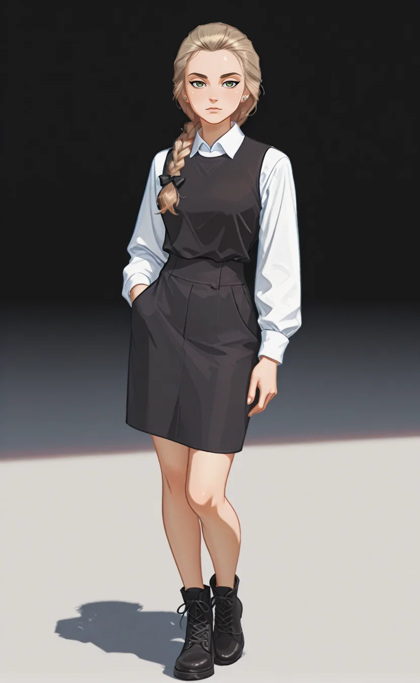 concept art professional 3d model masterpiece, ultra-HD, impressionism (1.5), high detail, depth of field, white background, looking at viewer, footwear,
katyastik, 1girl, solo, long hair, braid, blonde hair, jewelry, earrings, single braid, green eyes, single braid, stud earrings,
shirt, white shirt, long sleeves, hair bow, stud earrings, vest, collared shirt, black vest, short skirt,
disheveled hair, cross-laced footwear, Stands straight, hand in pocket, zoom out
<lora:NOOB_vp1_detailer_by_volnovik_v1:1.4> <lora:DarkerThanBlackIllustrious:1> <lora:katyastik00001:1> . octane render, highly detailed, volumetric, dramatic lighting . digital artwork, illustrative, painterly, matte painting, highly detailed