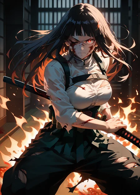 style of boku no hero academia,<lora:Expressive_H-000001>,<lora:modern_anime_screencap_v1_0:0.8>,source_anime,score_9,score_8_up,score_7_up,score_6_up,Volumetric Lighting,Cinematic Lighting,dark theme,low light,dojo,
1girl,solo,<lora:age_slider_v4:1.4>,adult,tall female,hime cut,black hair,long hair,bangs,blunt bangs,full bangs,straight hair,red eyes,pale skin,skindentation,petite,toned,(thick thighs:0.6),large breasts,harness,glowing eyes,head tilt,eye sparks,flaming eye,dougi,<lora:battoujutsu_stance_24retry_pony_rework_final_svd_d8:0.8>,holding katana,stance,torn clothes,black baggy pants,white top,blood,blood on face,one eye closed,