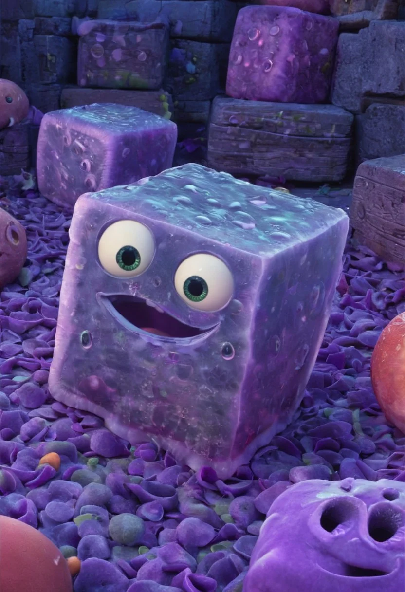 the enormous cute gelatine ooze cube with the surprised eyes in the dungeons, dim light, pixar art, detailed, intricate details, 8k, best quality, hdr, masterpiece