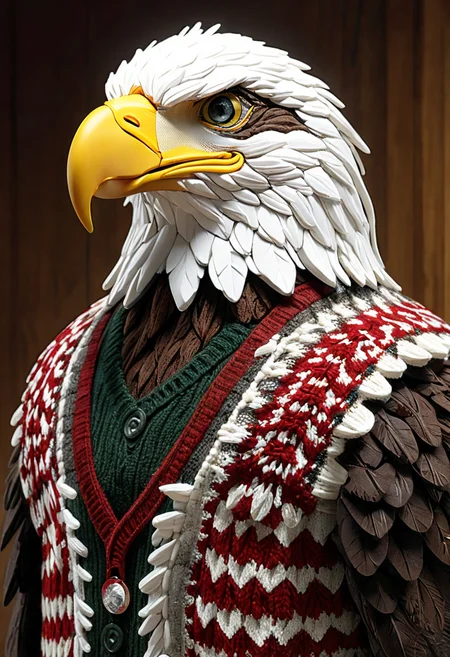 (HD, masterpiece, best quality, ultra detailed), pg-rated, a Bald eagle made out of christmassweater, more_details<lora:world_christmassweater-20.safetensors:1.2:1.2> <lora:SD1.5\Enhance\more_details.safetensors:0.8:0.8>
