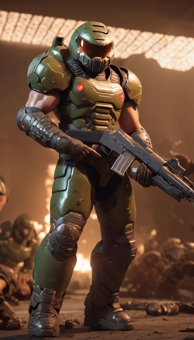 cinematic photo Cinematic scene, hero view, Doomguy, action pose, detailed background, masterpiece, best quality, high quality, highres, absurdres <lora:doomguy_xl_v1:1> . 35mm photograph, film, bokeh, professional, 4k, highly detailed