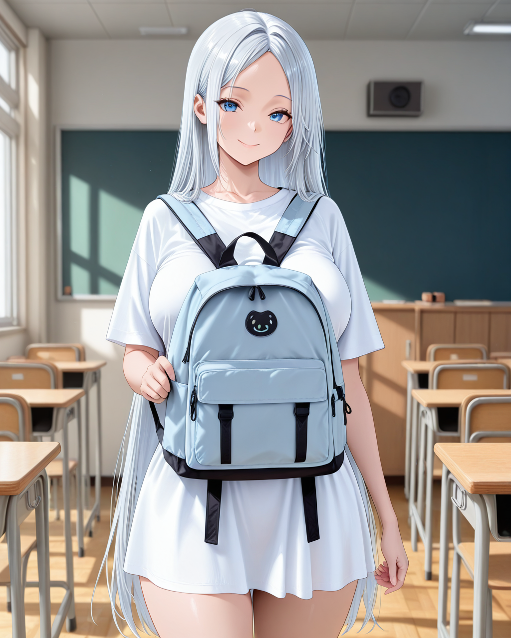 Masterpiece, best quality, amazing quality,newest,absurdres,highres,
1girl,solo, 
silver_hair,very long hair,blue_eyes,straight_hair,no bangs,large_breasts, 
bag on chest,
standing,cowboy_shot,
looking_at_viewer,smile,from front,    
classroom,blurry_background, 





