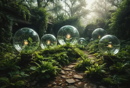 wide angle of A desolate planet landscape with breathtaking botanical garden bulbs made of delicate glass scattered throughout. glowing plants inside bulbs,The lush greenery inside the bulbs provides a stark contrast to the barren surroundings, creating a mesmerizing sight. This detailed and evocative image, whether a painting or a photograph, transports viewers to a world where beauty thrives in unexpected places. The vibrant, verdant hues and intricate details of the glass bulbs captivate the eye, showcasing the artist's impeccable skill and imagination.<lora:add-detail-xl:0.95> <lora:dvr-lnds-sdxl:0.3> dvr-lnds-sdxl <lora:MJ52:0.25> <lora:ral-apoctvisn-sdxl:0.3> ral-apoctvisn <lora:zavy-cntrst-sdxl:0.35> dark, chiaroscuro, low-key <lora:zavy-rmlght-sdxl:0.41> zavy-rmlght <lora:SDXLFaeTastic2400:0.225>