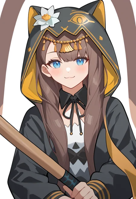 score_9,score_8_up,score_7_up,<lora:pepe_(arknights):1>,pepe_(arknights),blush,solo,hood_up,long_sleeves,cat_hood,open_jacket,smile,black_jacket,looking_at_viewer,closed_mouth,neck_ribbon,1girl,baseball_bat,hooded_jacket,flower,upper_body,