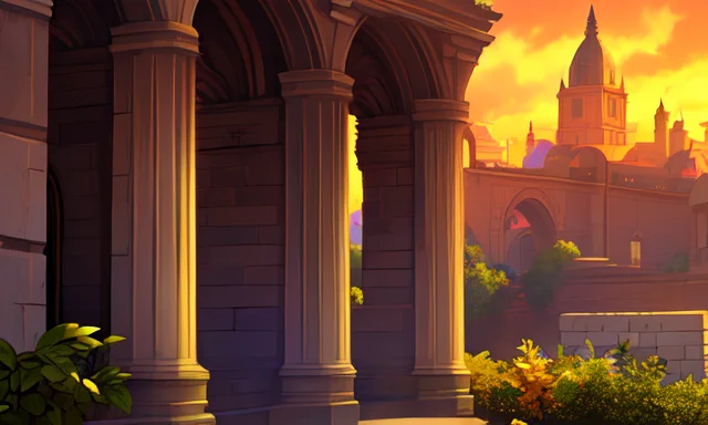 ((extreme detail)),(ultra-detailed),extremely detailed CG unity 8k wallpaper, best quality, masterpiece, arch, brick wall, bridge, building, dusk, gradient sky, pillar, scenery, no humans, stone wall, overgrown, foliage, orange sky, green sky, <lora:OdinSphereStylev2:0.7>odinspherestyle,