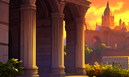 ((extreme detail)),(ultra-detailed),extremely detailed CG unity 8k wallpaper, best quality, masterpiece, arch, brick wall, bridge, building, dusk, gradient sky, pillar, scenery, no humans, stone wall, overgrown, foliage, orange sky, green sky, <lora:OdinSphereStylev2:0.7>odinspherestyle,
