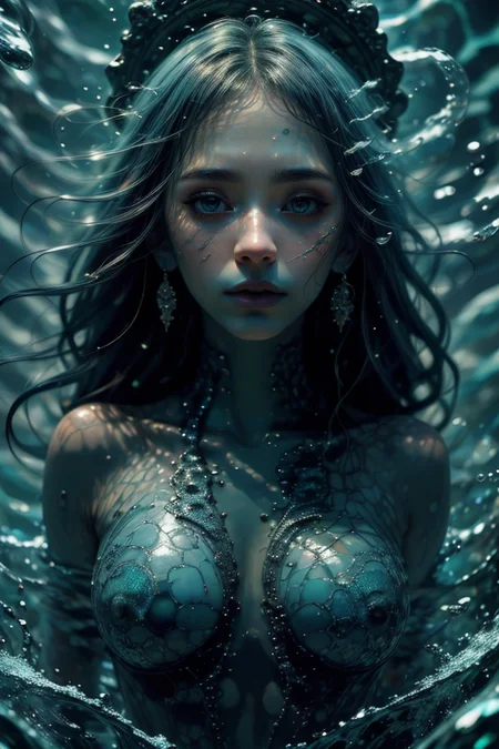 masterpiece,best quality,absurdres,high details,8K,photorealistic,1 girl,<lora:Concept_-_Hella-sthetic_v2:0.7>,fullbody,<lora:Water:1>,water,floating in the water,sea creature, blue skin, colored skin,blue hair,, (intricate details:0.9), (hdr, hyperdetailed:1.2), intricate, elegant, highly detailed, symmetry, magical atmosphere, sharp focus, majestic, very coherent, radiant, advanced, cinematic, artistic, fine detail, winning, beautiful, stunning, dramatic light, designed, rich deep colors, perfect professional background, ambient, tailored set composition