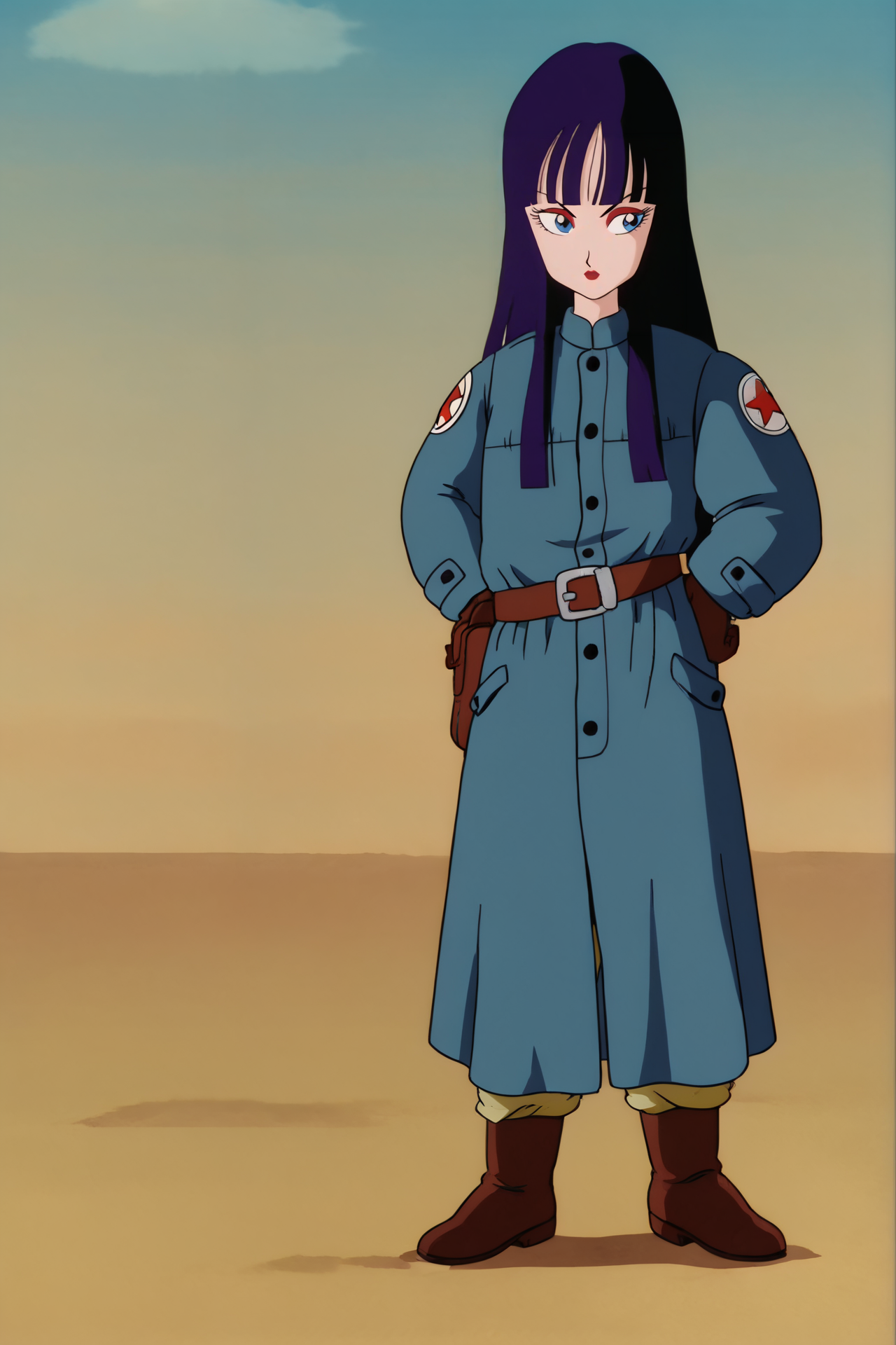 source_anime, score_9, score_8_up, score_7_up, anime screencap,8k, absurd res,
mai \(dragon ball\), makeup, lipstick, solo, long hair, bangs, blue eyes, blue sky, black hair, gloves, desert, standing, full body, purple hair, boots, belt, coat, military, military uniform, tan pants, brown footwear, hands on hips, pouch, print sleeves, symbol, star symbol, looking to the side
 <lora:maiDB_pony_v1:0.8>