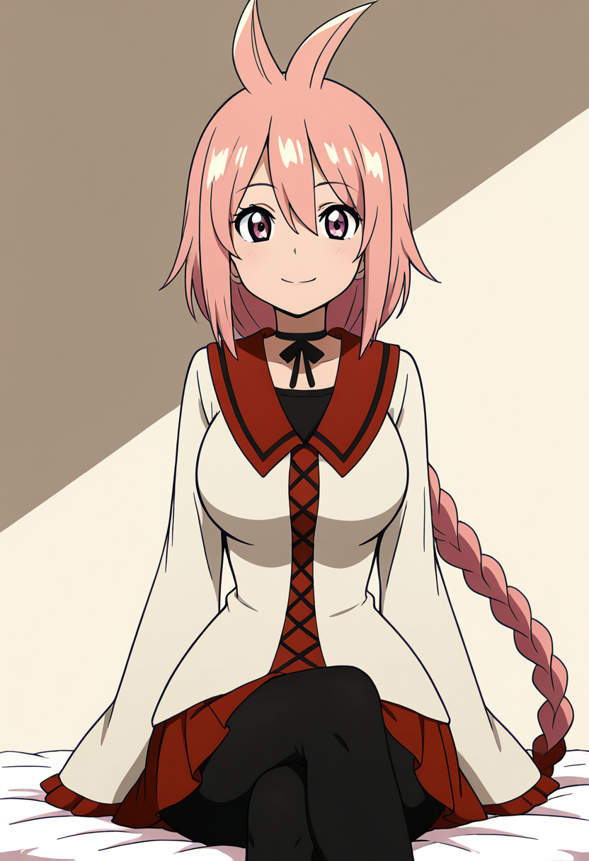 masterpiece, best quality, solo, curvy, beautiful eyes, large breasts, aged up, narrow waist, wide hips, 1girl, solo, smile, looking at viewer,   zzKaede, pink eyes, hair between eyes, ahoge, antenna hair, long hair, pink hair, single braid,  school uniform, choker, sleeves past wrists, red skirt, black pantyhose,   ,<lora:KaedeByKurumiErika_IXL:1.0>, sitting, crossed legs, upper body focus, smile, looking at viewer,
