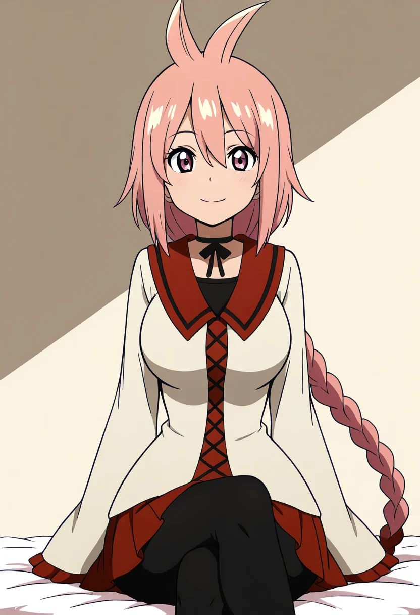 masterpiece, best quality, solo, curvy, beautiful eyes, large breasts, aged up, narrow waist, wide hips, 1girl, solo, smile, looking at viewer, zzKaede, pink eyes, hair between eyes, ahoge, antenna hair, long hair, pink hair, single braid, school uniform, choker, sleeves past wrists, red skirt, black pantyhose, ,<lora:KaedeByKurumiErika_IXL:1.0>, sitting, crossed legs, upper body focus, smile, looking at viewer,