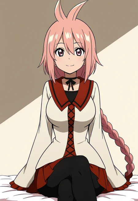 masterpiece, best quality, solo, curvy, beautiful eyes, large breasts, aged up, narrow waist, wide hips, 1girl, solo, smile, looking at viewer, zzKaede, pink eyes, hair between eyes, ahoge, antenna hair, long hair, pink hair, single braid, school uniform, choker, sleeves past wrists, red skirt, black pantyhose, ,<lora:KaedeByKurumiErika_IXL:1.0>, sitting, crossed legs, upper body focus, smile, looking at viewer,