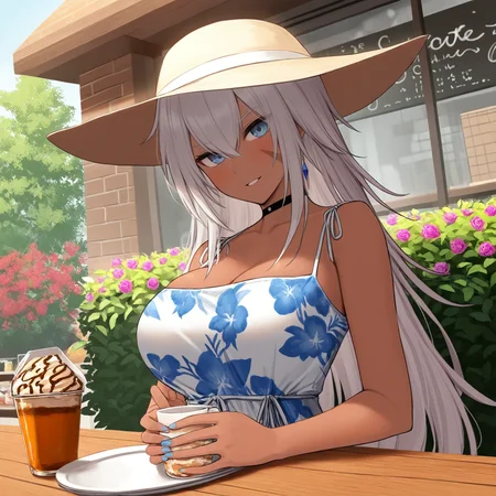 safe, masterpiece, best quality, outside, cafe, terrace, flowers, table
BREAK indiana, face scar, floral sundress, summer hat, sitting, relaxing
<lora:Indiana_NAIXL_v10:1>