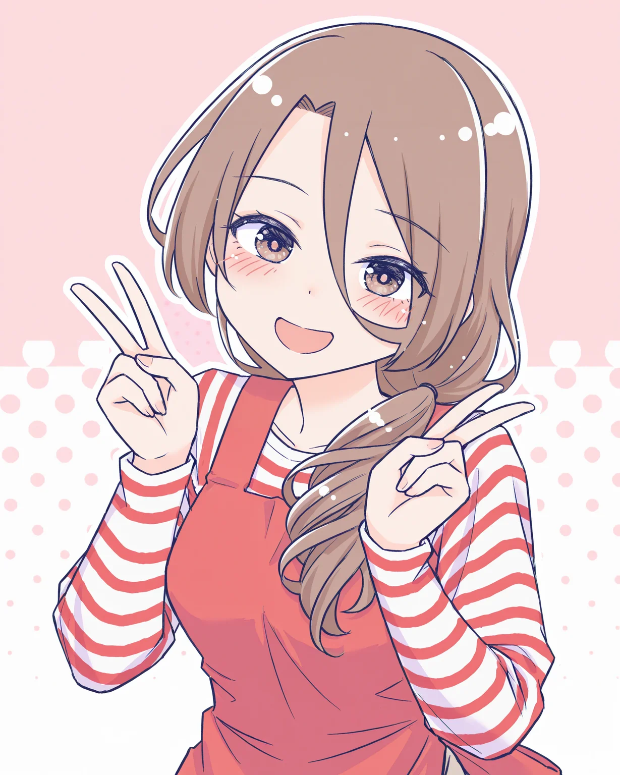 (1girl:0.6),solo,looking at viewer,
hahaoya,hair between eyes,brown hair,brown eyes,double v,long hair,hair over shoulder,red striped clothes,red apron,
:d,blush,
polka dot background,
best quality,high quality,highres,huaxiao style,
<lora:huaxiao_ill01:0.8>,