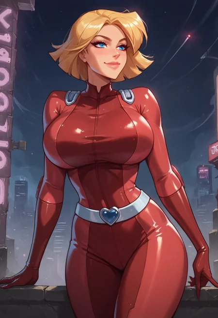 score_9, score_8_up, score_7_up, score_6_up, score_5_up, score_4_up, masterpiece, perfect face, perfect eyes, 4ng3l face, neon city, night time, sexy girl, Sam, 1girl, solo, clover \(totally spies\), blonde hair, short hair, blue eyes, Clover sexy posing, red bodysuit, belt, standing, (large breasts:1.3), thick thighs, seductive look, seductive smile, closed mouth, front view,