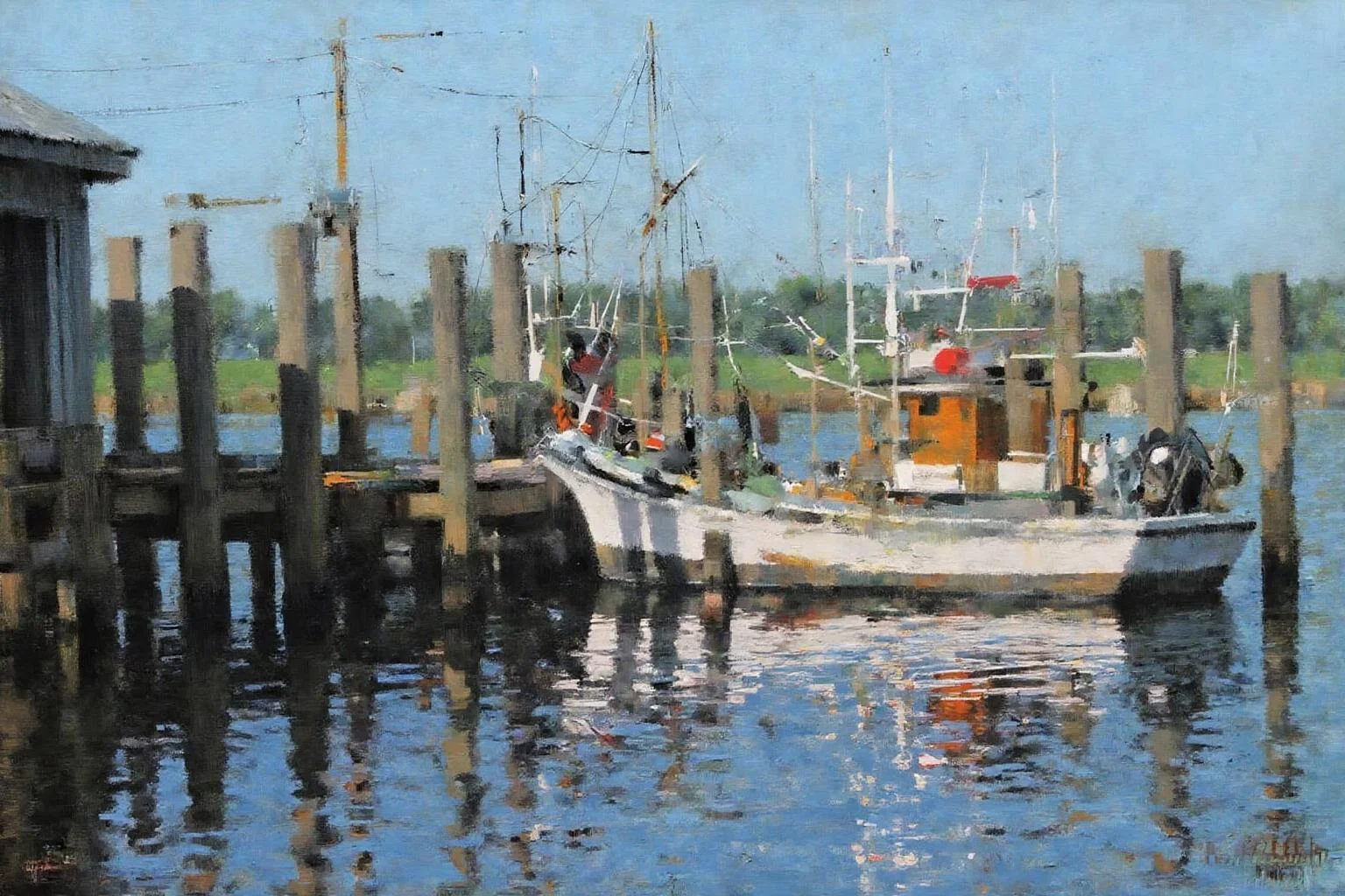marklague1 painting.
A docked white boat near a wooden dock with several posts. There are reflections in the water. A small structure is on the left side. The background shows water and greenery. <lora:marklague1_cap_d8a4e12:1.0><lora:855111146187843387:0>