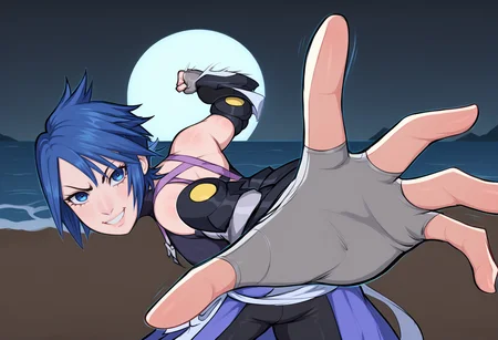 score_9, score_8_up, score_7_up, <lora:AquaPonyV1.0:1>, khaqua, 1girl, solo, blue hair, short hair, spiked hair, (blue eyes), smile, bare shoulders, purple chest strap, arm armor, white detached sleeves, grey fingerless gloves, silver chest ornament, white laces, corset, blue skirt, white ribbons, black shorts, shorts, black thighhighs, sleeveless dark blue turtleneck, darkworld, dark, night, ocean, moon, <lora:PepePunchMeme_XLPD:1>, incrspunchmeme, concept, pepe, meme, punch, punching, memes, winding up, <lora:AfrobullLycoXL:1>