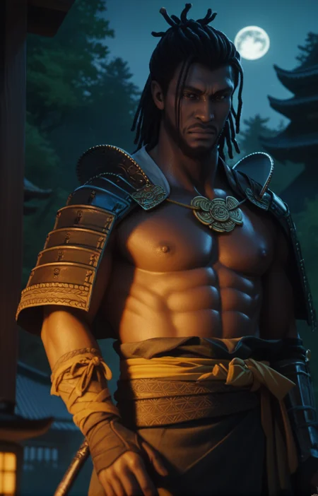 score_9, score_8_up, score_7_up, score_6_up, score_5_up, score_4_up, source_anime, photoshop \(medium\), <lora:ACShadows_t2-000008-128:1.0> 1boy, Yasuke, black hair,
, shirtless, male nipples,
, outdoors, medieval japanese forest at night, darkness, dark, moon